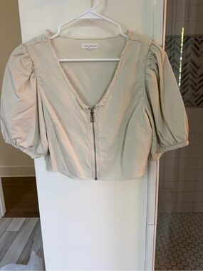 Good American Cream Zip-Front Puff-Sleeve Crop Top